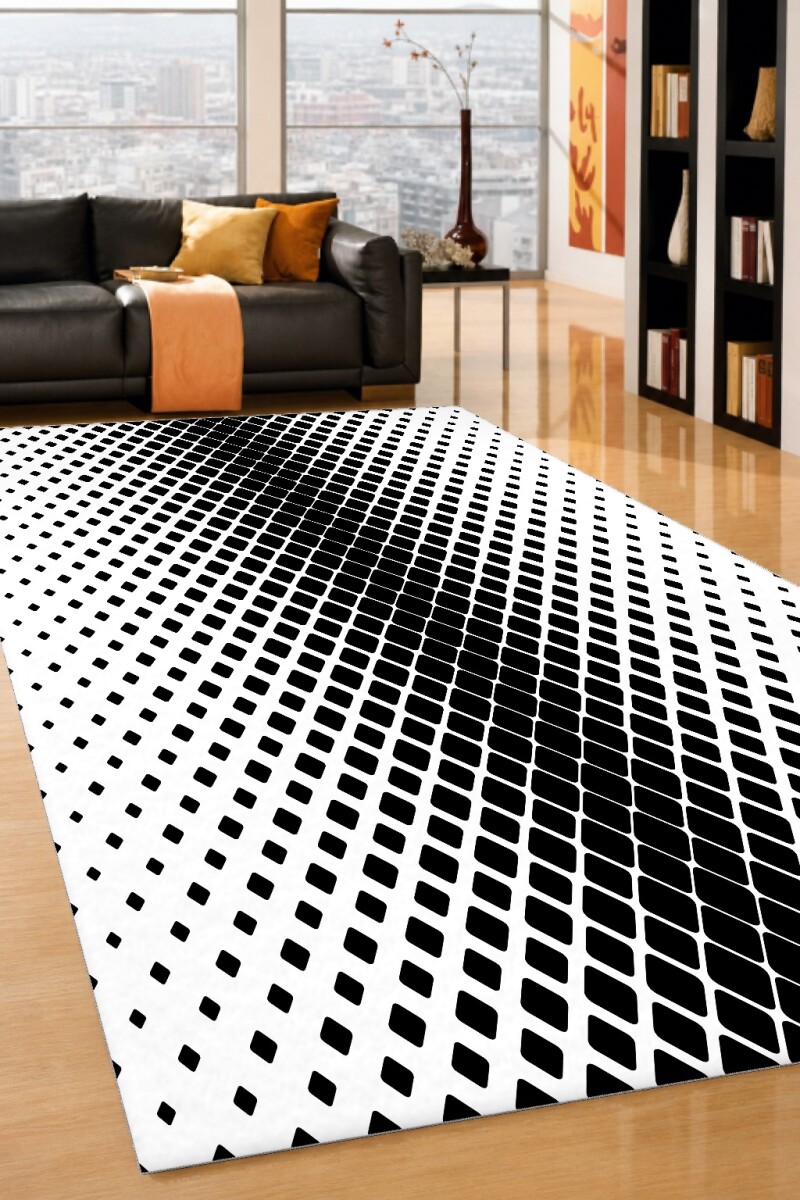 Siyah Beyaz Kareler Dekoratif Halı – Gradient Halftone 3D Optik Kabarma