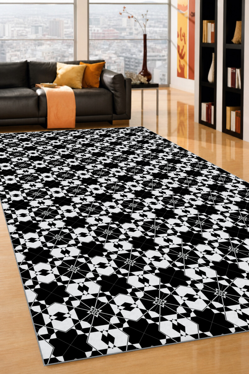 Siyah Beyaz Şekilli Dekoratif Halı – Kazayağı Sonsuz Geometrik Minimal