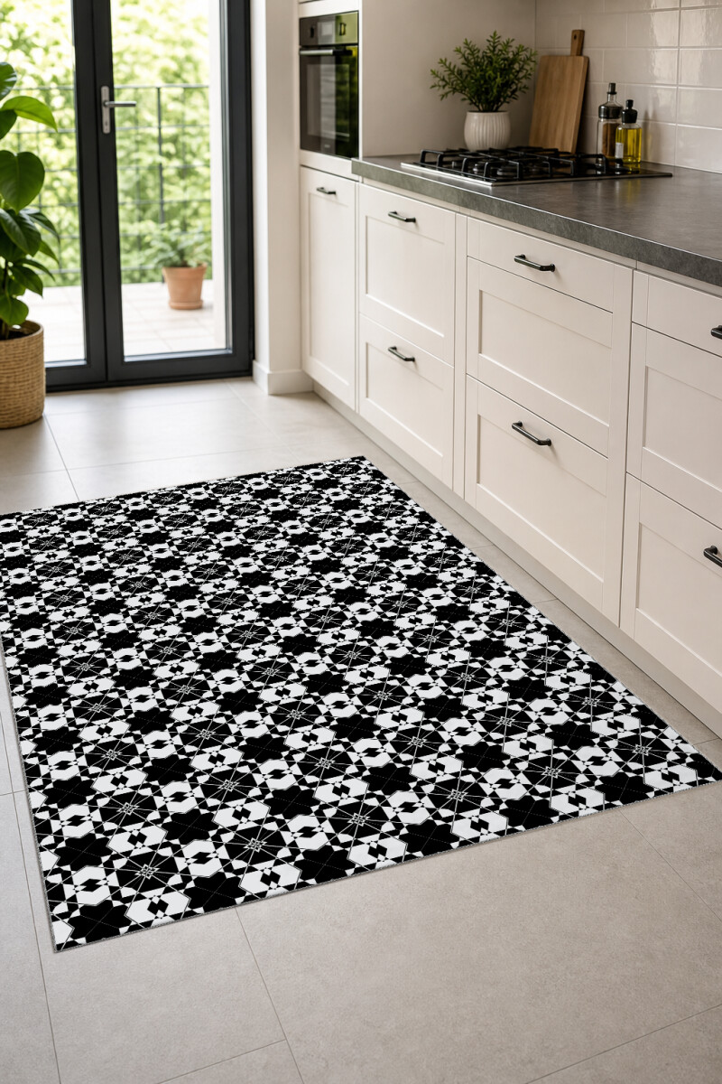 Siyah Beyaz Şekilli Dekoratif Halı – Kazayağı Sonsuz Geometrik Minimal