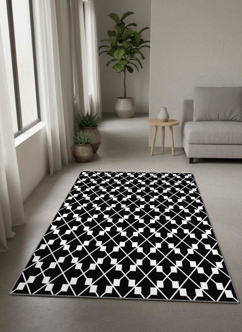 Siyah Beyaz Şekilli Dekoratif Halı – Kazayağı Sonsuz Geometrik Minimal