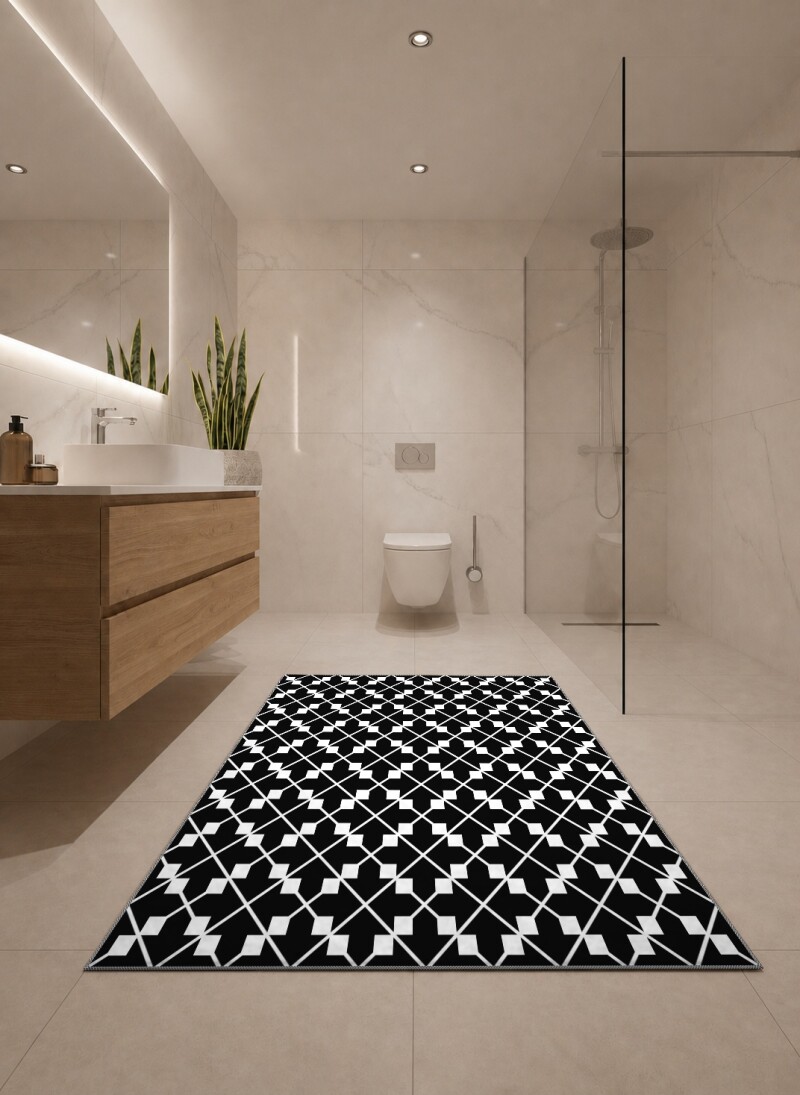 Siyah Beyaz Şekilli Dekoratif Halı – Kazayağı Sonsuz Geometrik Minimal