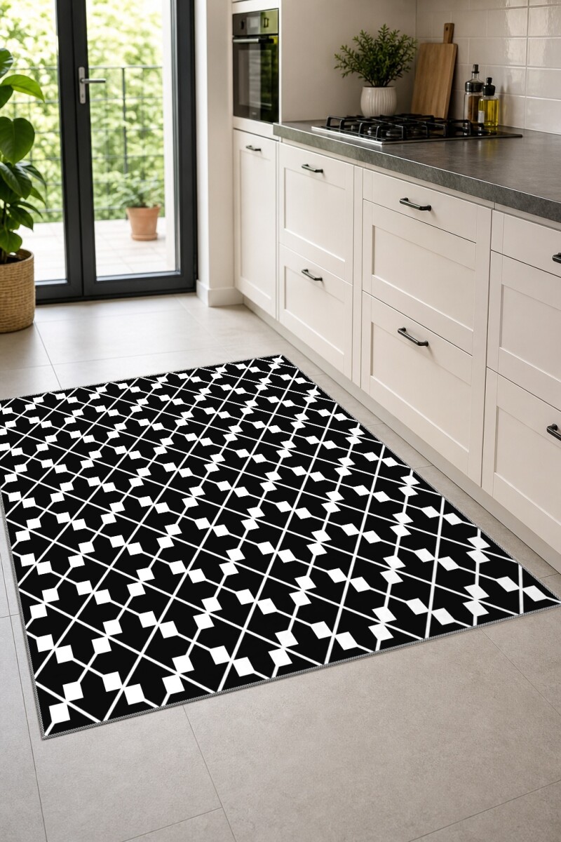 Siyah Beyaz Şekilli Dekoratif Halı – Kazayağı Sonsuz Geometrik Minimal
