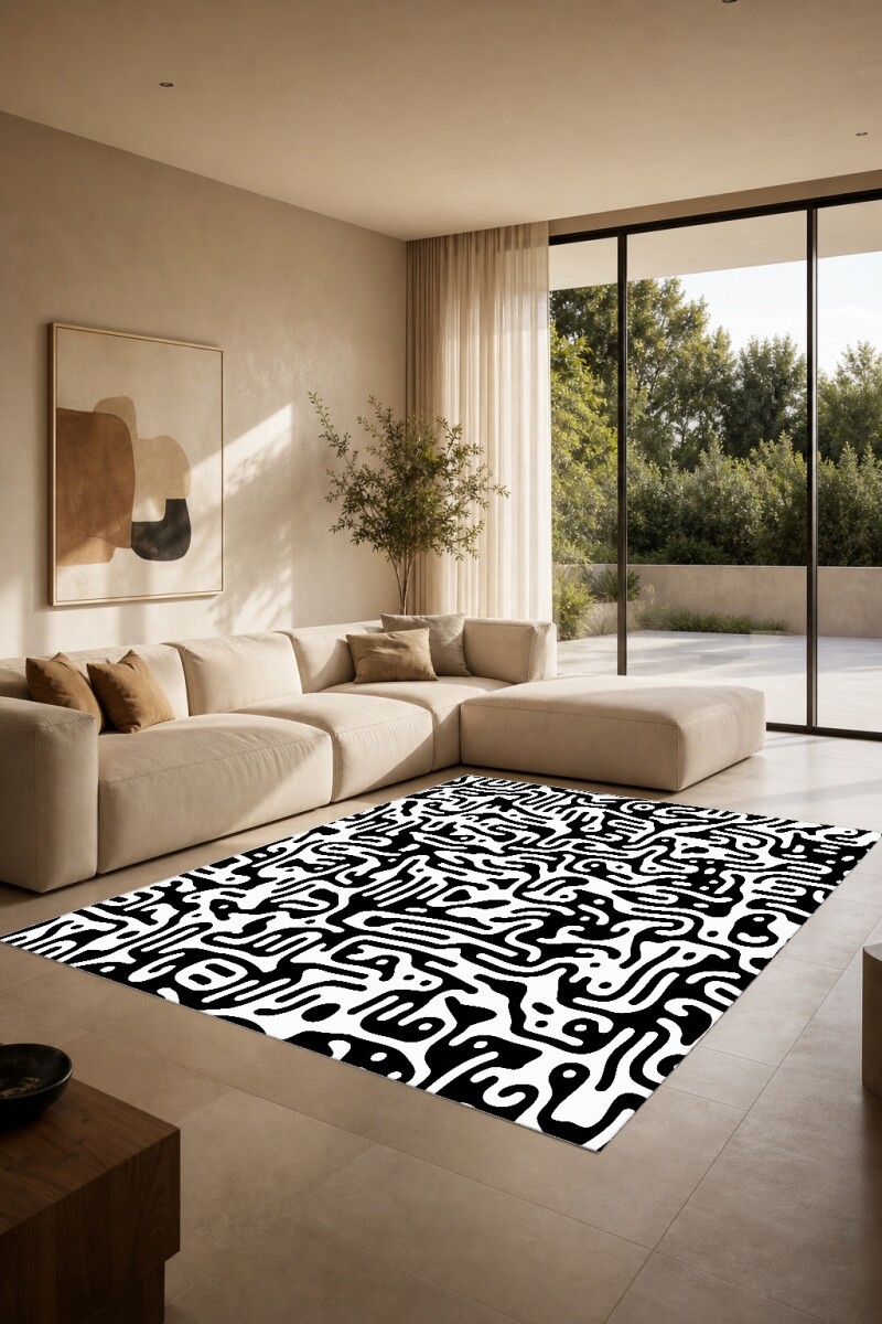 Siyah Beyaz Şekilli Dekoratif Halı – Kazayağı Sonsuz Geometrik Minimal