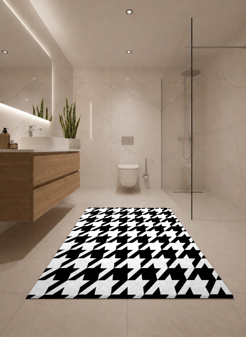 Siyah Beyaz Şekilli Dekoratif Halı – Kazayağı Sonsuz Geometrik Minimal