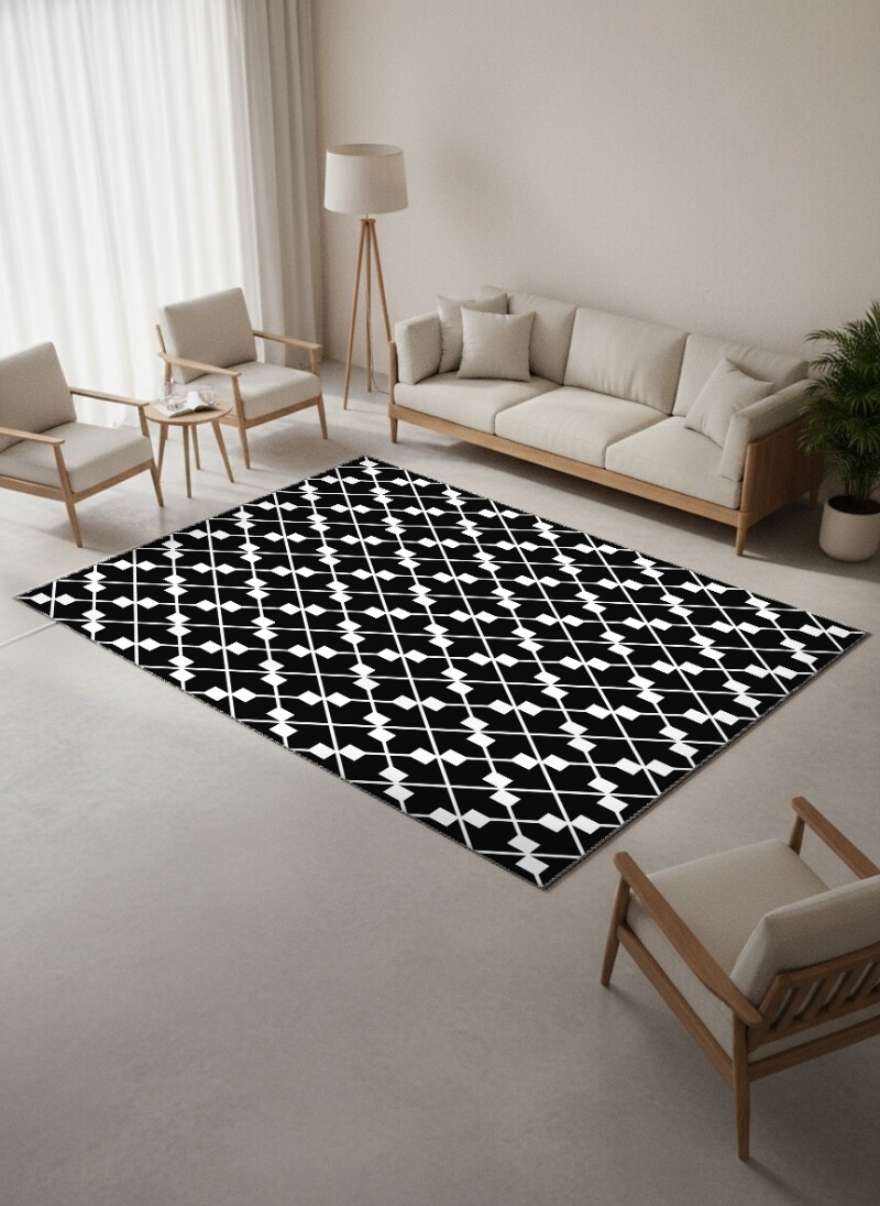 Siyah Beyaz Şekilli Dekoratif Halı – Kafes Izgara Minimal Lacivert Siyah