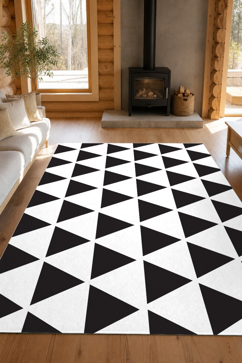 Siyah Beyaz Üçgen Dekoratif Halı – Geometrik Minimal Skandinav Modern