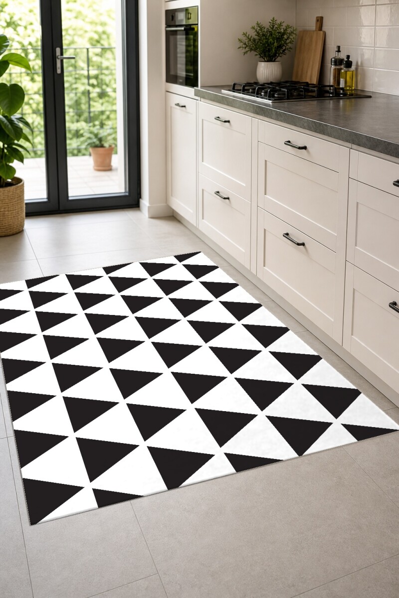 Siyah Beyaz Üçgen Dekoratif Halı – Geometrik Minimal Skandinav Modern