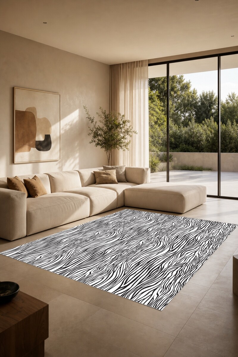 Siyah Beyaz Zebra Dekoratif Halı – Dikey Akışkan Çizgiler Organik Doğal
