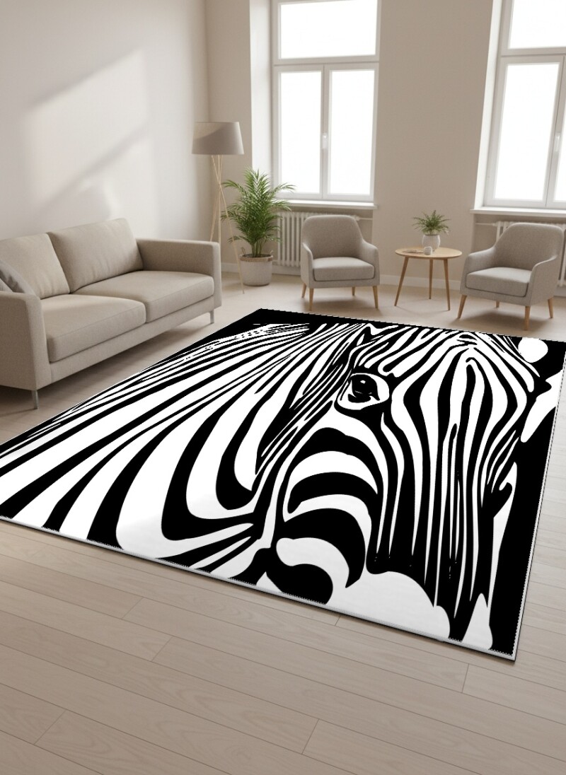 Siyah Beyaz Zebra Dekoratif Halı – Dikey Akışkan Çizgiler Organik Doğal