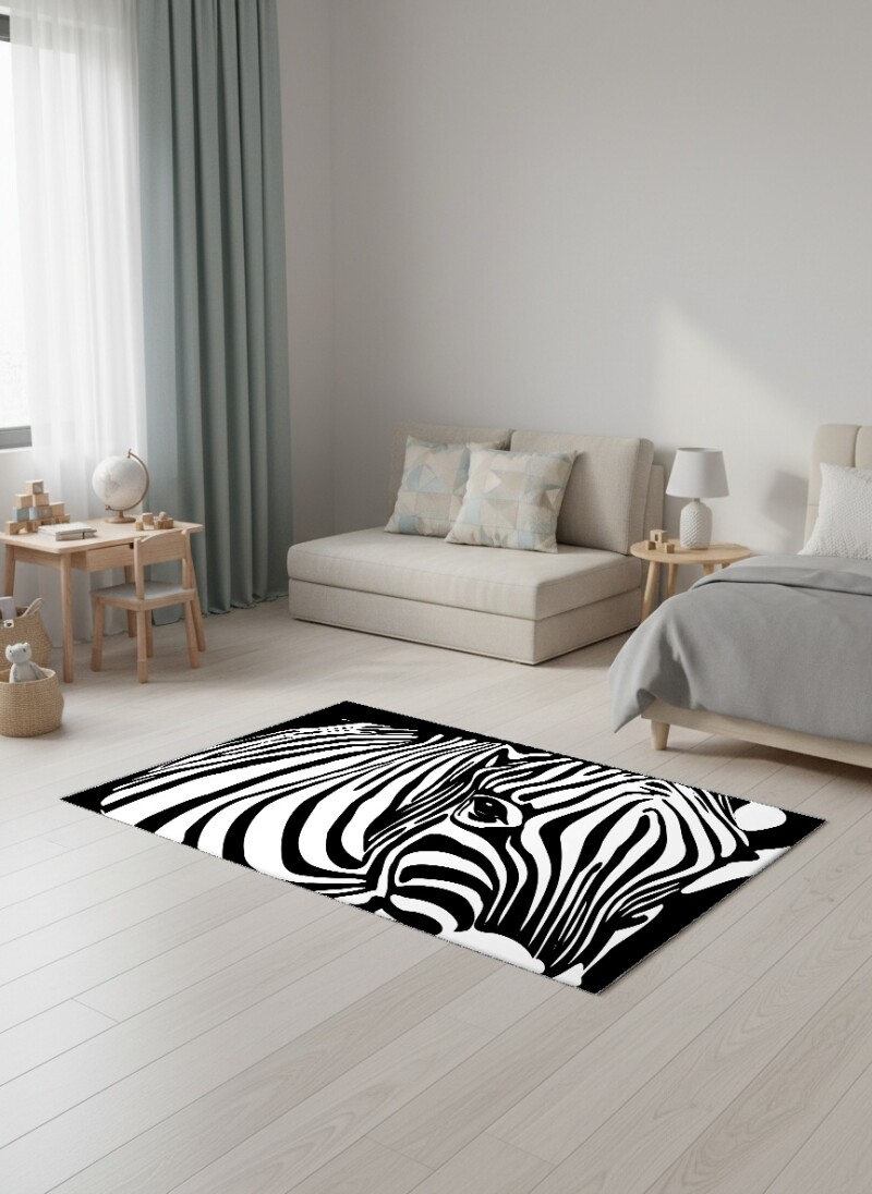 Siyah Beyaz Zebra Dekoratif Salon Halısı – Grafik Monokrom Doğa Güçlü