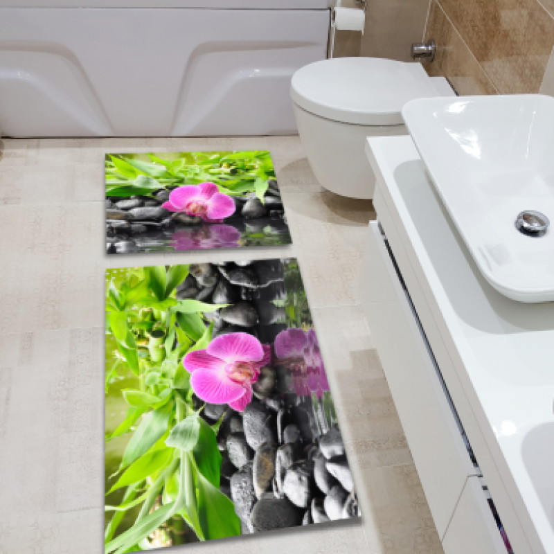 Siyah Taşlı Orkide İkili Banyo Paspas Seti – Zen Spa Pembe Bambu Huzur