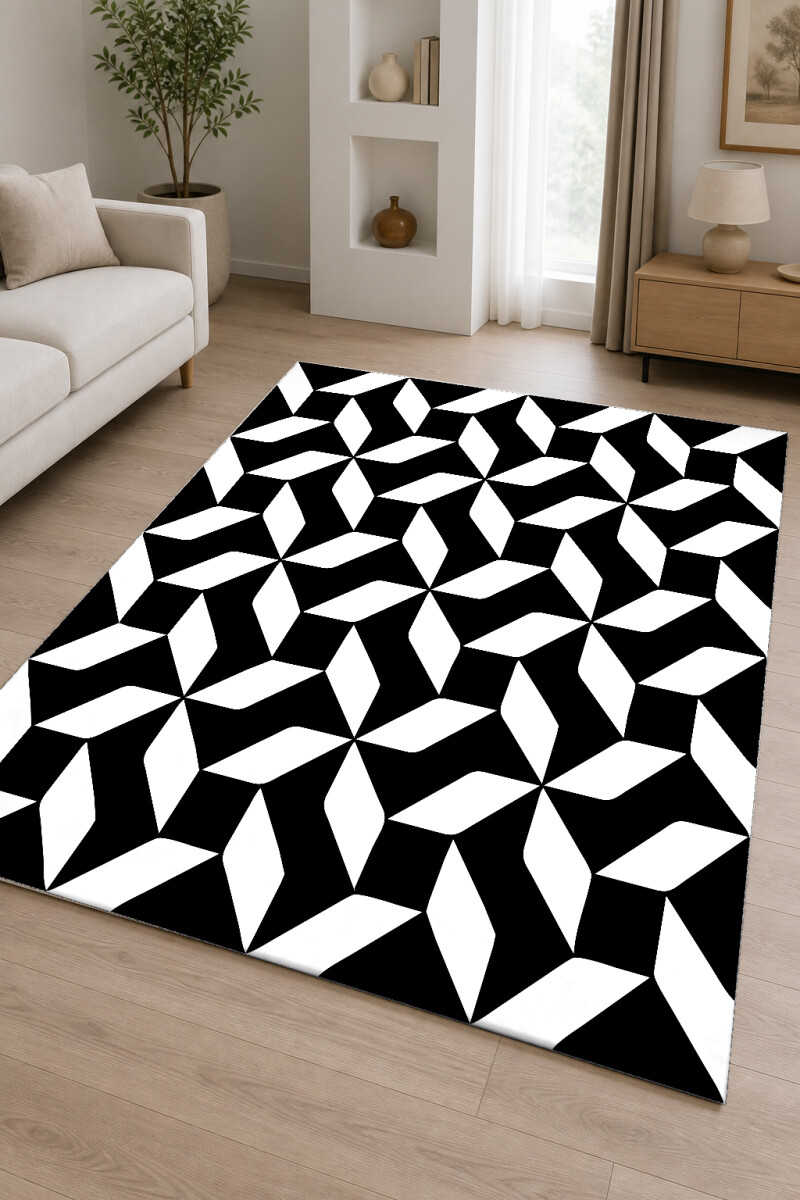 Siyah Zemin Beyaz Geometrik Yıldız Pinwheel Tekrarlı Modern Halı