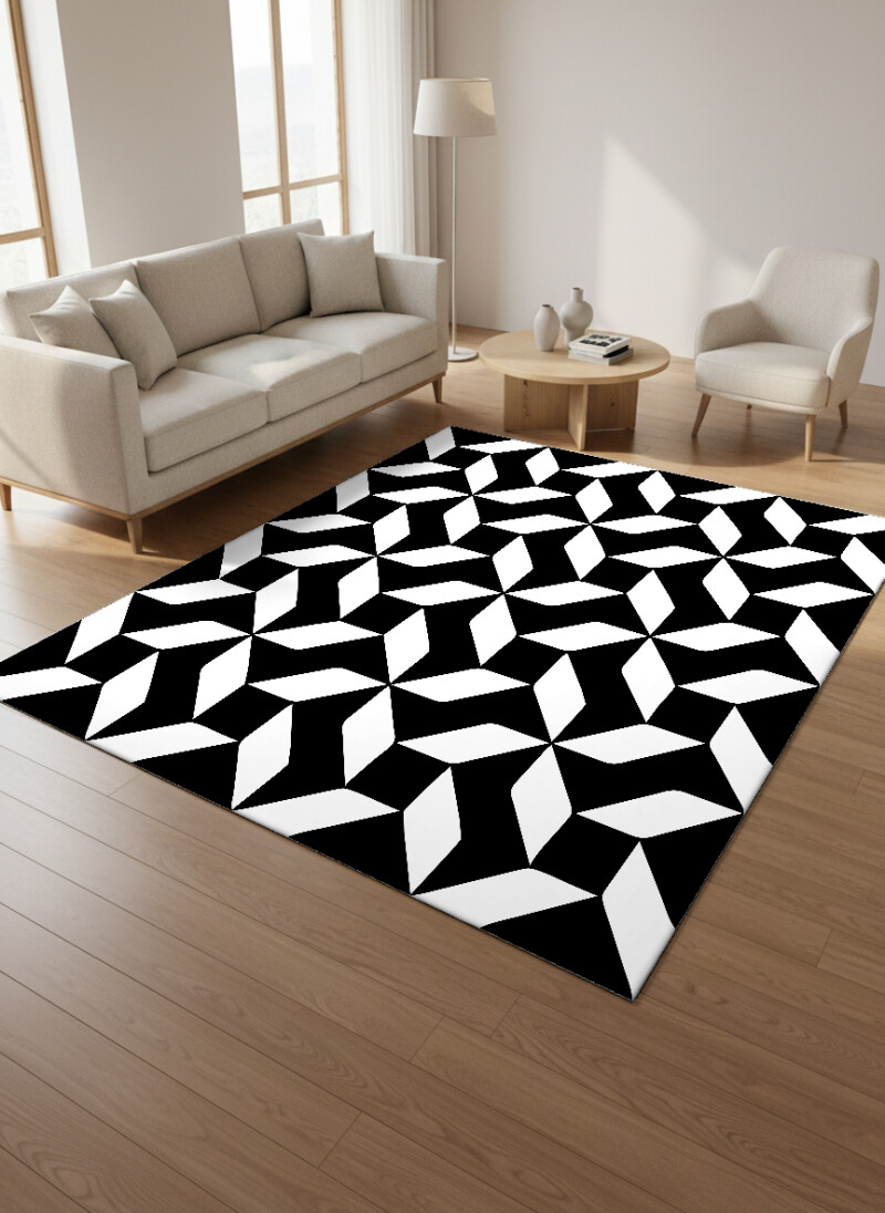 Siyah Zemin Beyaz Geometrik Yıldız Pinwheel Tekrarlı Modern Halı