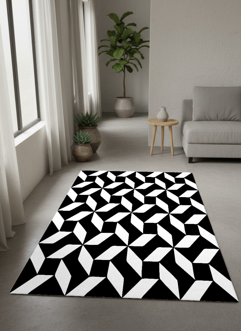 Siyah Zemin Beyaz Geometrik Yıldız Pinwheel Tekrarlı Modern Halı