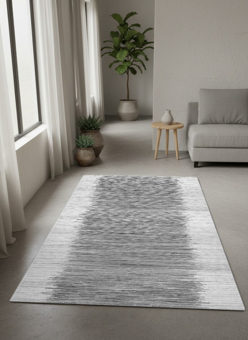 Soyut Dikey Çizgili Minimalist Dekoratif Salon Halısı – Gri Beyaz