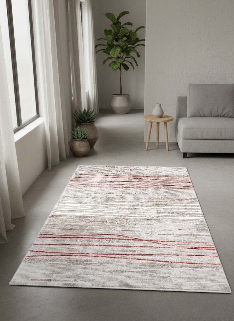 Soyut Kırmızı Beyaz Dalgalı Çizgili Modern Salon Halısı — Krem Kırmızı