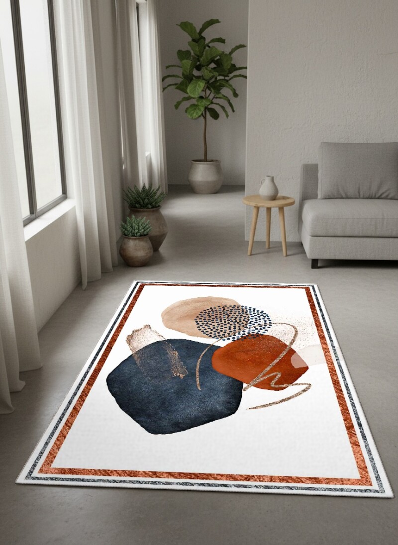 Soyut Suluboya Sanat Baskılı Dekoratif Salon Halısı – Lacivert Terrakota Altın