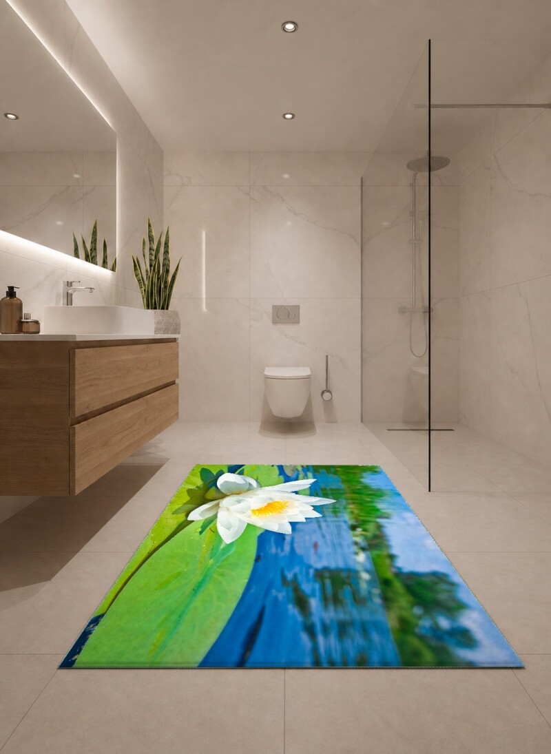 Su Üzerinde Nilüfer Çiçeği İkili Banyo Paspas Seti – Beyaz Lotus Yeşil Gölet Huzur