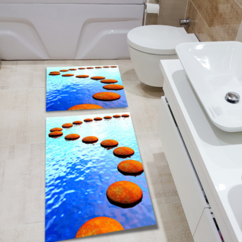 Su Üzerindeki Taşlar İkili Banyo Paspas Seti – Kırmızı Taş Mavi Su Zen Yol