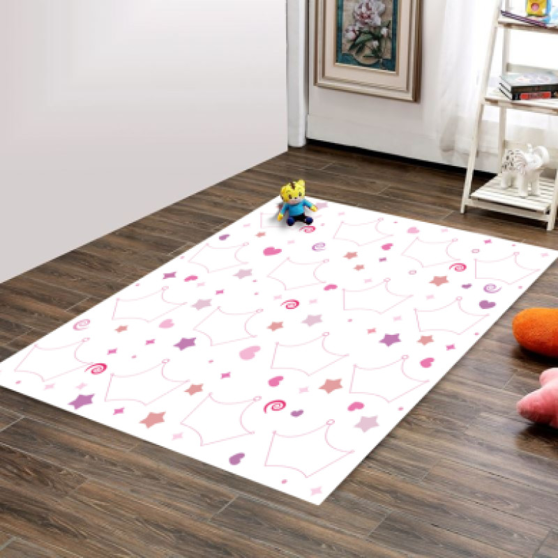 Taç Desenli Kalpli Prenses Kız Çocuk Odası Halısı – Pembe Mor Beyaz