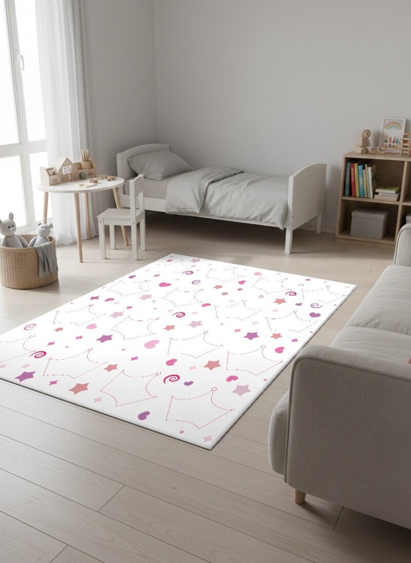 Taç Desenli Kalpli Prenses Kız Çocuk Odası Halısı – Pembe Mor Beyaz