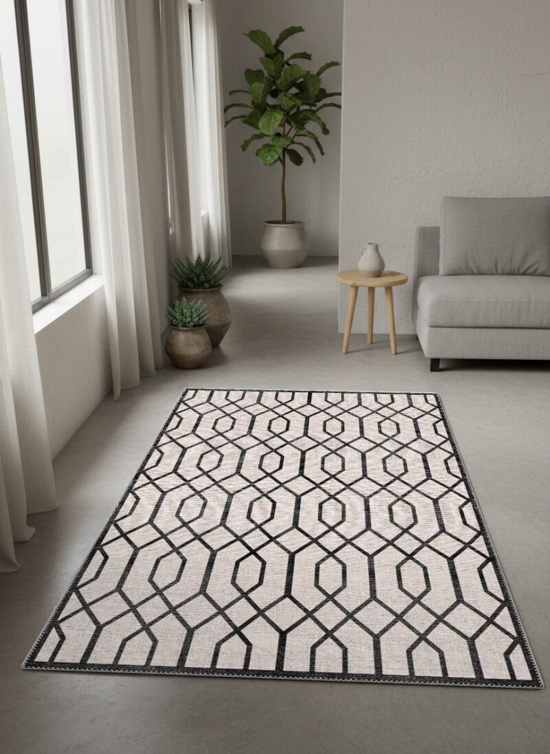 Trellis Kafes Örgü Geometrik Desenli Dekoratif Salon Halısı – Krem Siyah