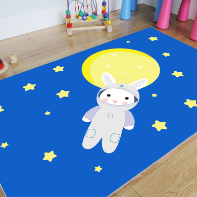 Uzaylı Tavşan Astronot Kız Çocuk Odası Halısı – Mavi Sarı Uzay Kawaii