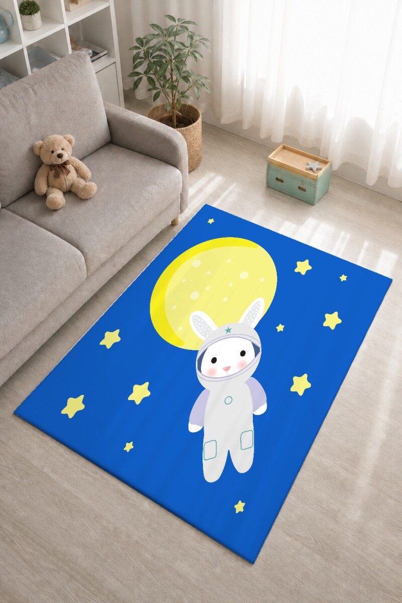 Uzaylı Tavşan Astronot Kız Çocuk Odası Halısı – Mavi Sarı Uzay Kawaii