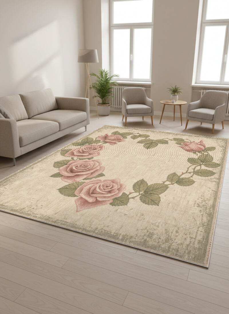 Vintage Gül Çelengi Dekoratif Salon Halısı – Krem Pembe Romantik