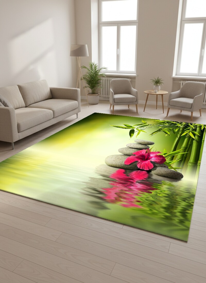 Yeşil Bambu Zen Taşlar Hibiskus Dekoratif Halı – Huzur Doğa Spa