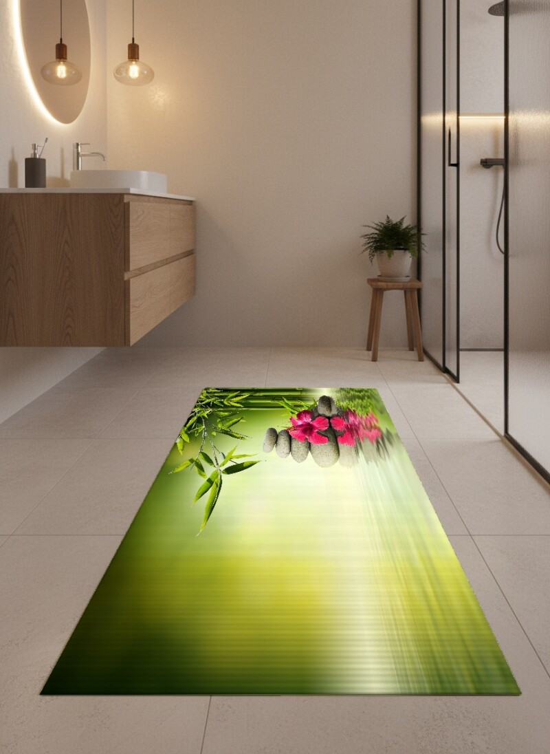 Yeşil Bambu Zen Taşlar Hibiskus Dekoratif Halı – Huzur Doğa Spa