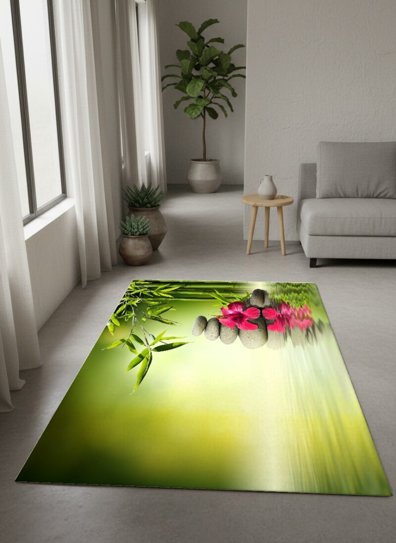 Yeşil Bambu Zen Taşlar Hibiskus Dekoratif Halı – Huzur Doğa Spa