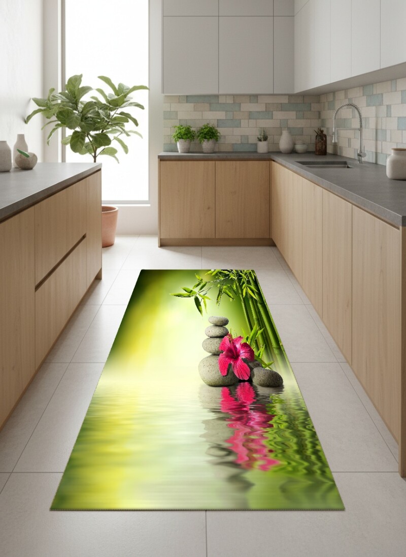 Yeşil Bambu Zen Taşlar Hibiskus Dekoratif Halı – Huzur Doğa Spa