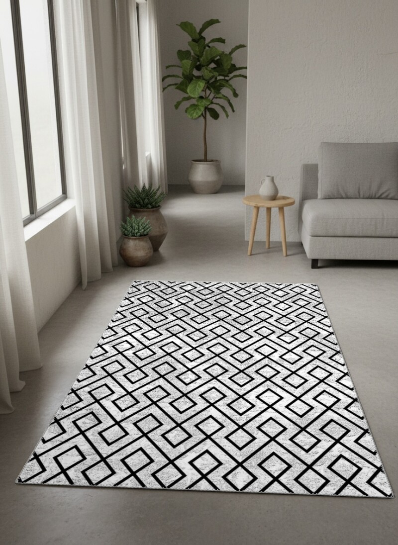 Yoğun Elmas Geometrik Ağ Desenli Dekoratif Salon Halısı – Beyaz Gümüş Siyah