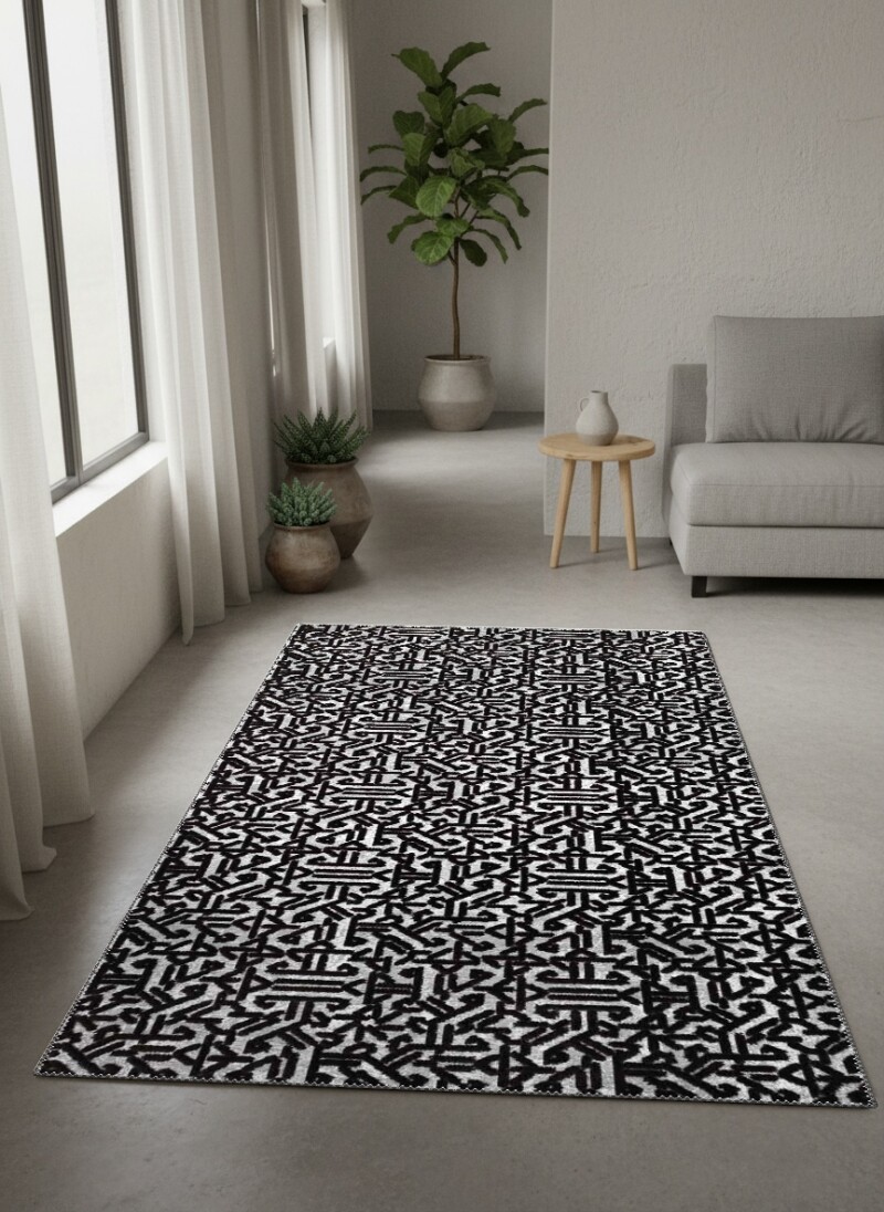 Yoğun Kufik Labirent Geometrik Desenli Dekoratif Salon Halısı – Siyah Beyaz