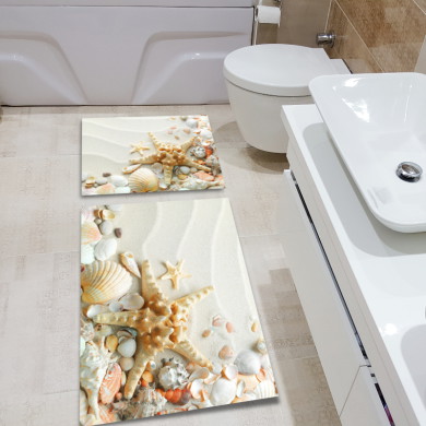 3 Boyutlu Deniz Yıldızı Deniz Kabukları İkili Banyo Paspas Seti – Krem Sahil Yaz