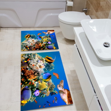 3 Boyutlu Renkli Deniz Akvaryum İkili Banyo Paspas Seti – Canlı Mercan Kaplumbağa Renk