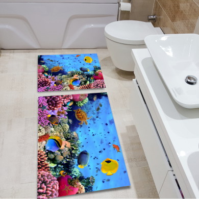 3 Boyutlu Renkli Deniz Altı Dünyası İkili Banyo Paspas Seti – Tropikal Mercan Kaplumbağa