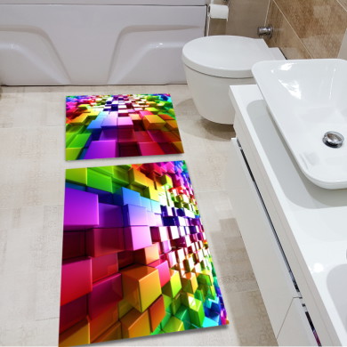 3 Boyutlu Renkli Küpler İkili Banyo Paspas Seti – Gökkuşağı Glossy 3D Parlak