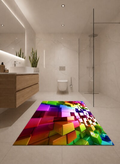 3 Boyutlu Renkli Küpler İkili Banyo Paspas Seti – Gökkuşağı Glossy 3D Parlak