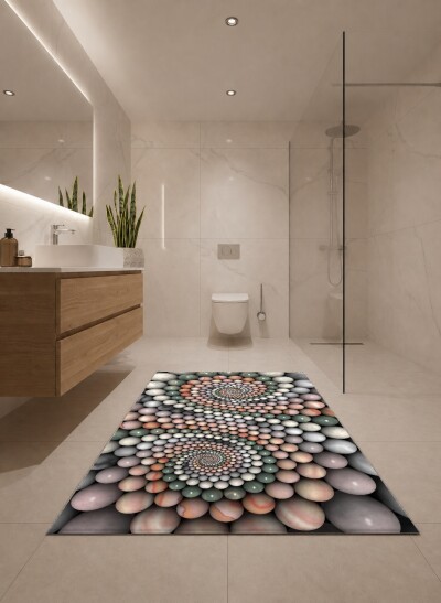 3 Boyutlu Renkli Sarmal Taşlar İkili Banyo Paspas Seti – Pastel Geometrik 3D Sanat