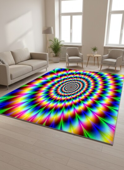 3 Boyutlu Sonsuz İllüzyon Dekoratif Halı – Gökkuşağı Psikedelik Spiral
