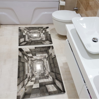 3 Boyutlu Sonsuz Koridor Desenli İkili Banyo Paspas Seti – Beton Blok Tünel Işık
