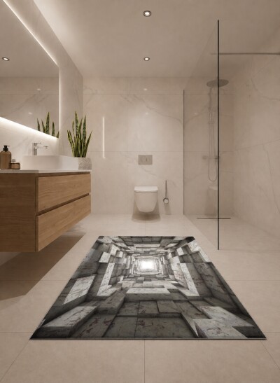 3 Boyutlu Sonsuz Koridor Desenli İkili Banyo Paspas Seti – Beton Blok Tünel Işık