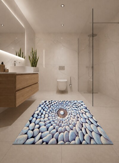 3 Boyutlu Taşlar Kuyu Desenli İkili Banyo Paspas Seti – Gri Mavi Spiral Zen Mandala