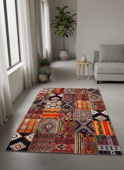Anadolu Patchwork Kilim Desenli Dekoratif Salon Halısı – Turuncu Kahverengi Etnik