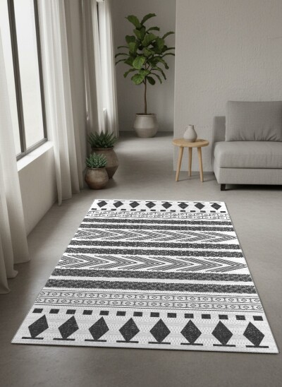 Aztek Tribal Şeritli Geometrik Desenli Dekoratif Salon Halısı – Siyah Beyaz