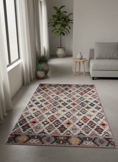 Berber Bohem Elmas Geometrik Tribal Desenli Dekoratif Salon Halısı – Krem Terracotta