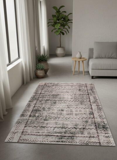 Berber Tribal Zigzag Chevron Desenli Dekoratif Salon Halısı – Bej Gri Siyah
