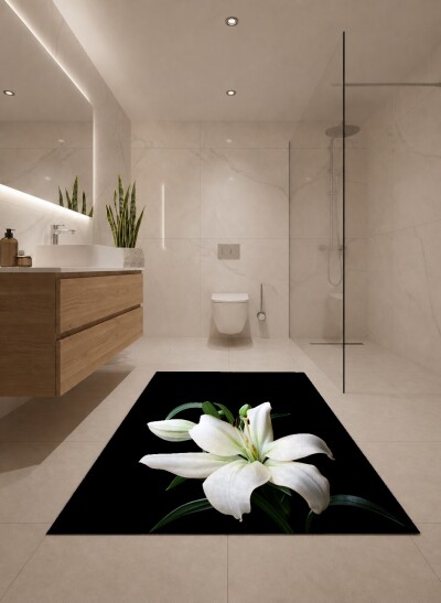 Beyaz Zambak Botanik Dekoratif Salon Halısı – Siyah Zemin Minimalist